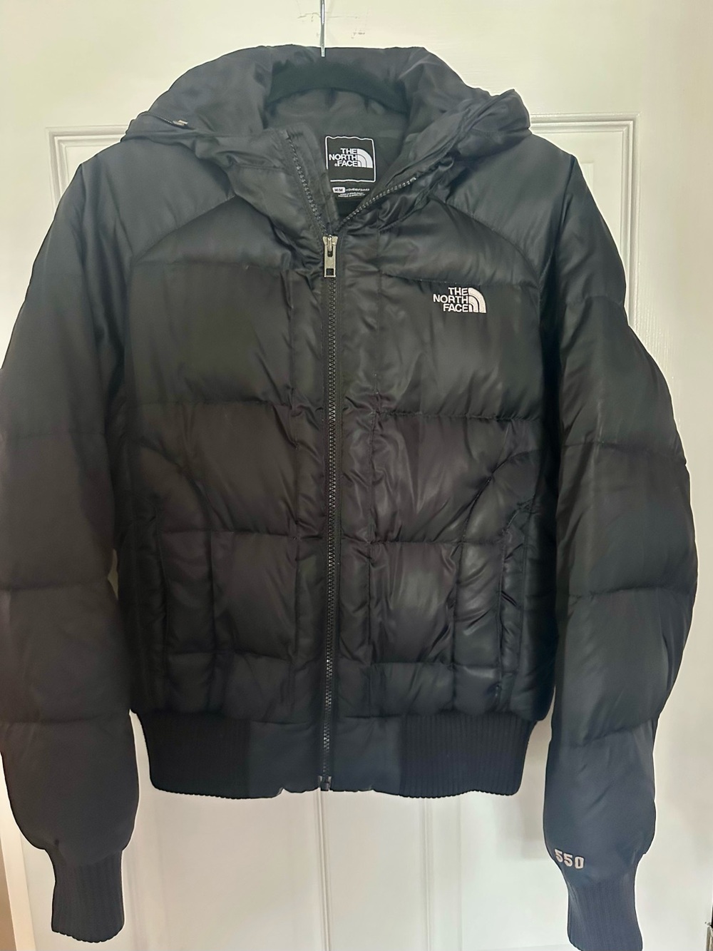 The North Face 550 Womens Black Puffer Bomber Jacket with Hood Size Medium